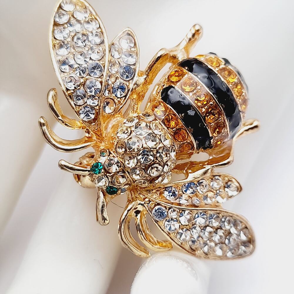 Ricinni Rhinestone Bee Brooch Gold Tone Black Yellow Clear Signed
